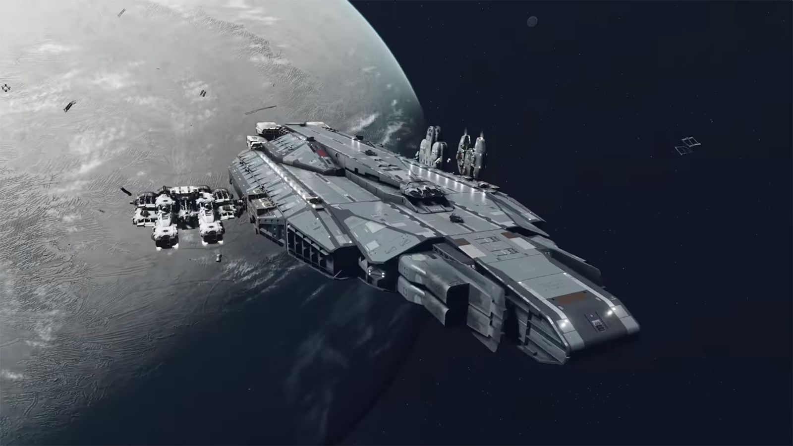 A screenshot of a ship from the Starfield gameplay trailer. 