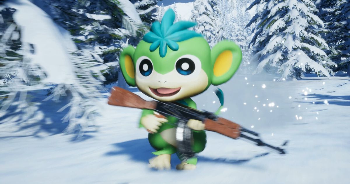 A green Palworld character with blue hair running in a snowy setting with a brown and black AK-47.