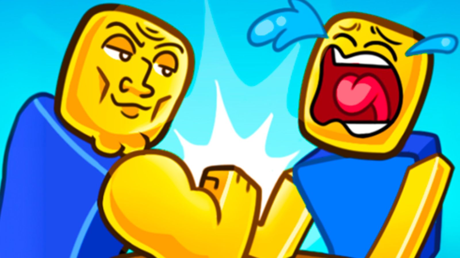 Two Roblox characters arm wrestling in Arm Wrestle Simulator.