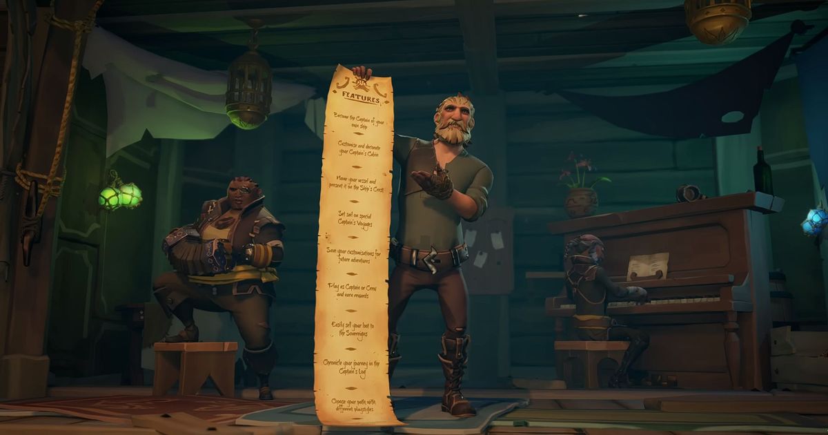 A pirate holding a long sheet of tasks in Sea of Thieves