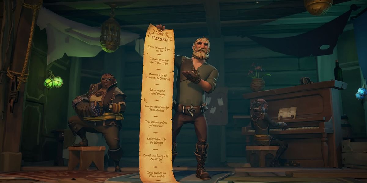 A pirate holding a long sheet of tasks in Sea of Thieves