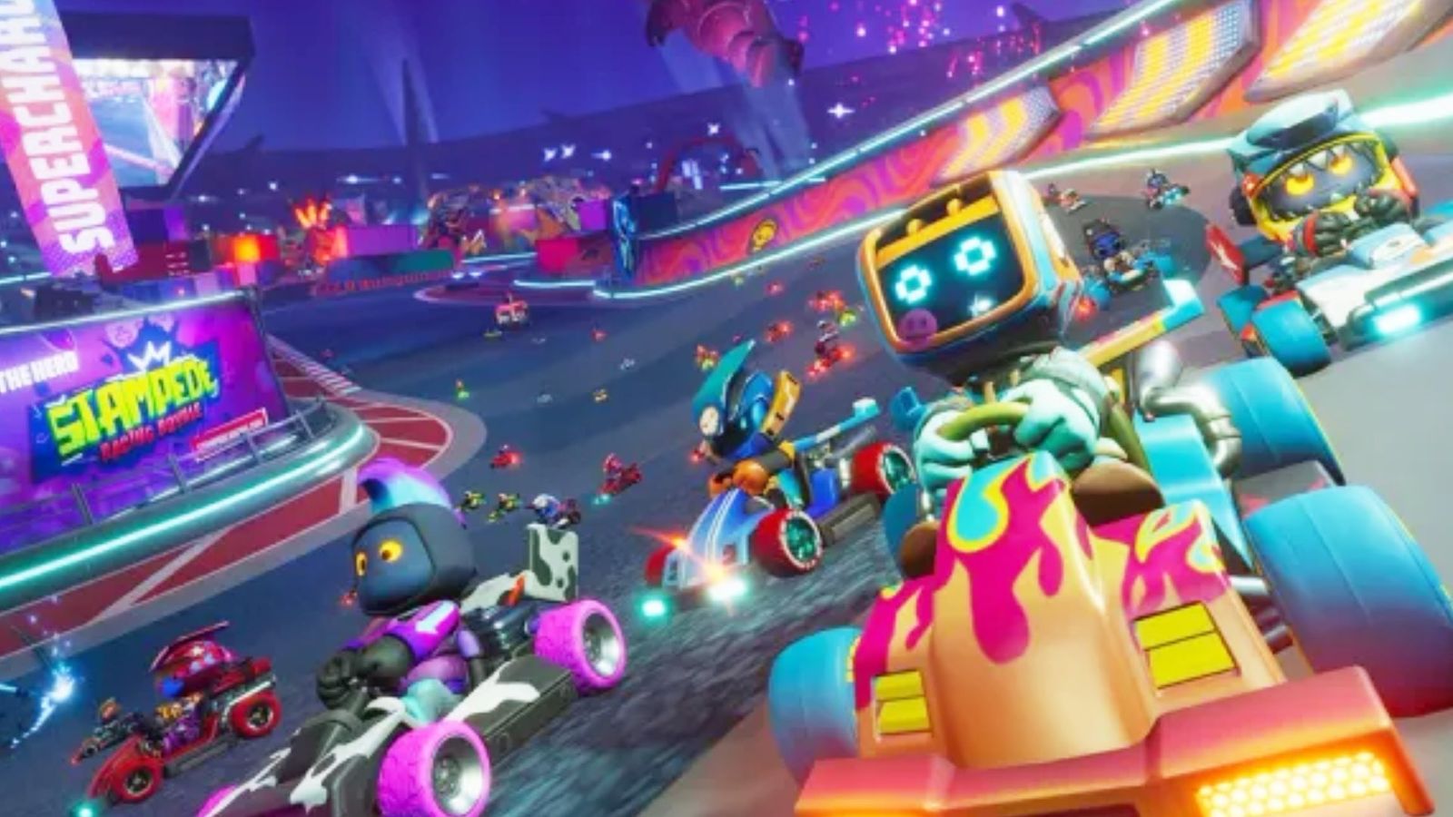 Gameplay footage of Stampede: Racing Royale showing many characters turning around a corner 