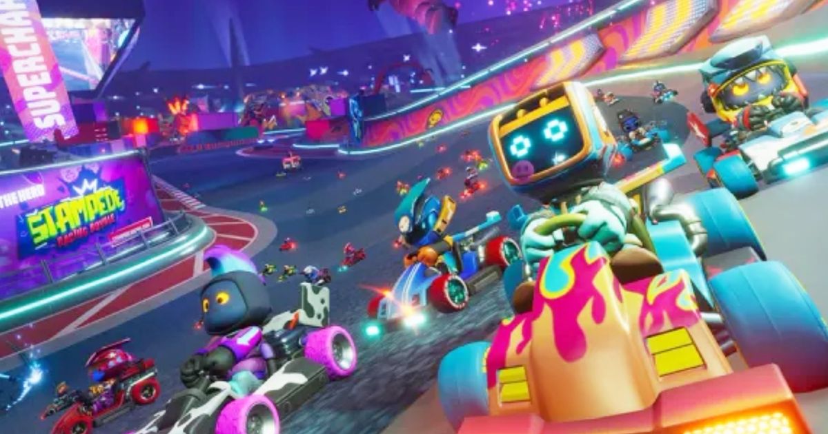 Gameplay footage of Stampede: Racing Royale showing many characters turning around a corner 