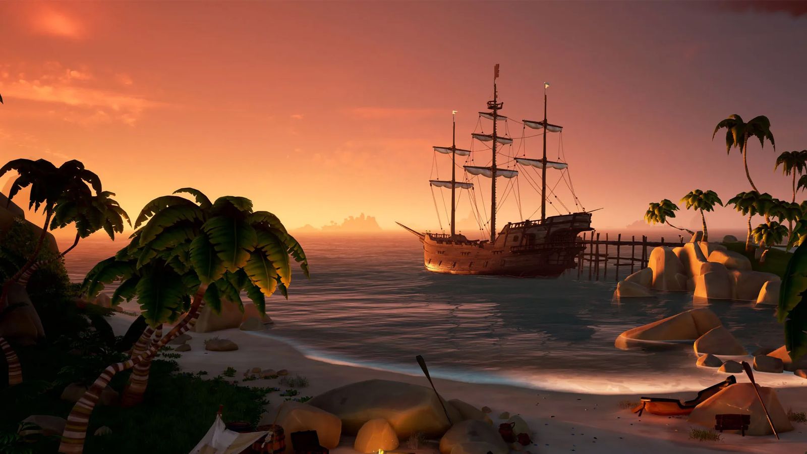 Sea of Thieves pirate ship next to island harbour with sunset in background