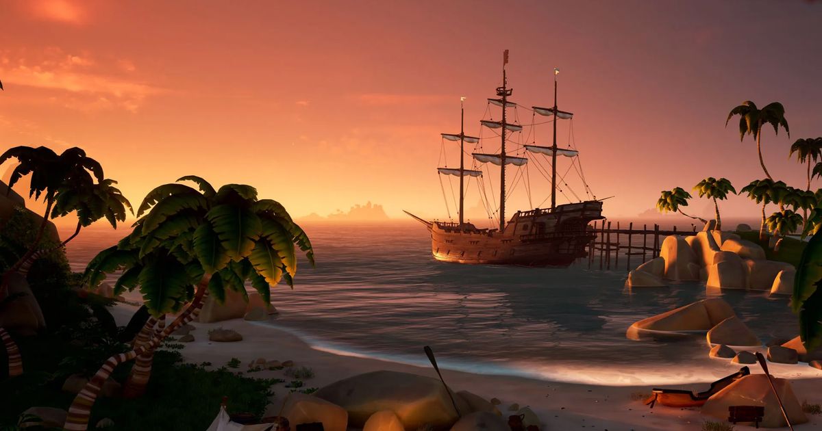 Sea of Thieves pirate ship next to island harbour with sunset in background