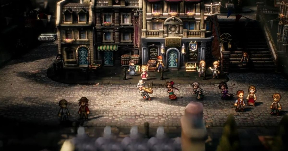 The cast of characters running through a cobbled street in Octopath Traveller 2.