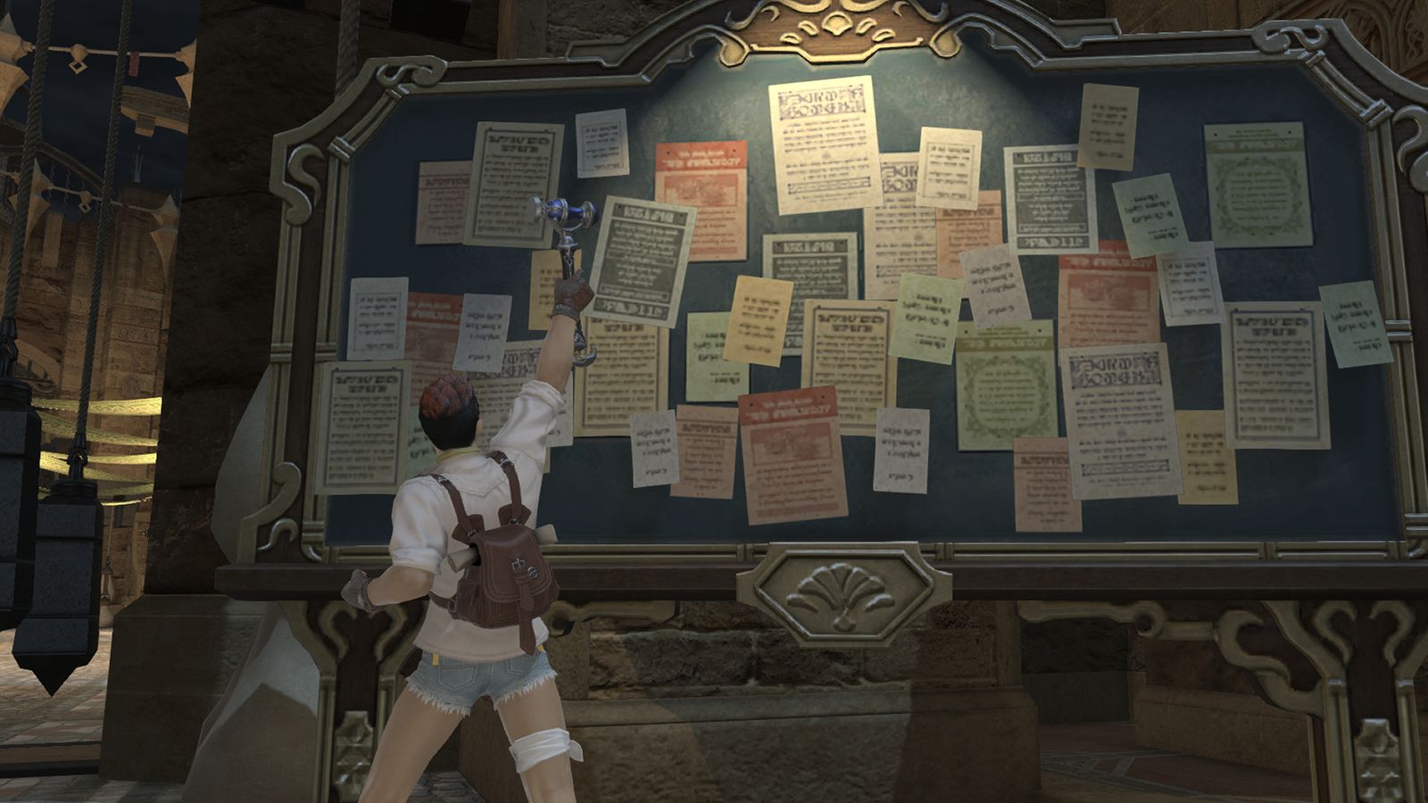 An image of a crafter from Final Fantasy XIV preparing to gather reagents for his Anima Lux Relic Weapon, from Heavensward. He is raising his hammer in the sky in front of a market board.