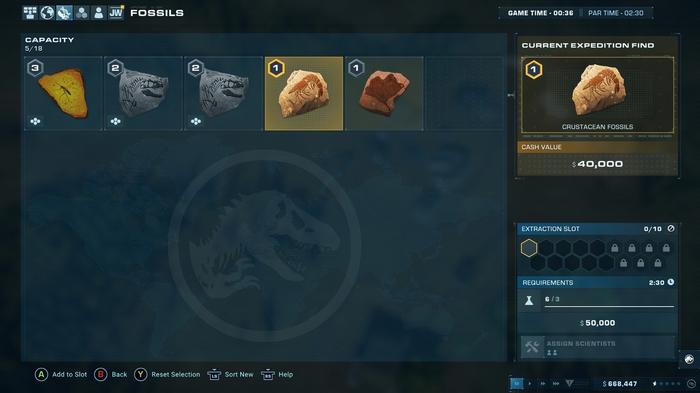 Jurassic World Evolution 2 Fossil Menu Crustacean Fossil Selected with Sale Price being shown as £40,000