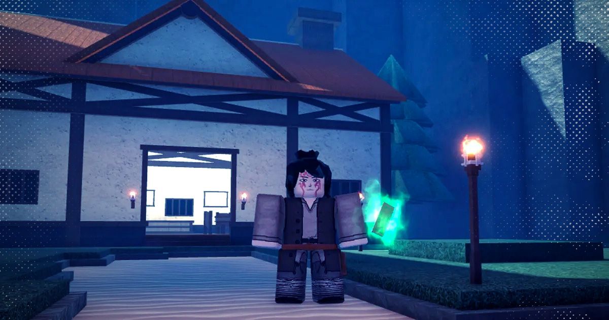 Roblox person stands in front of house holding glowing green magic book