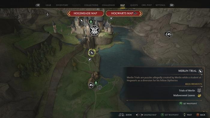 A screenshot of the Merlin Trial map in Hogwarts Legacy.