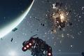 A starship in space in a gameplay snippet from Starfield.