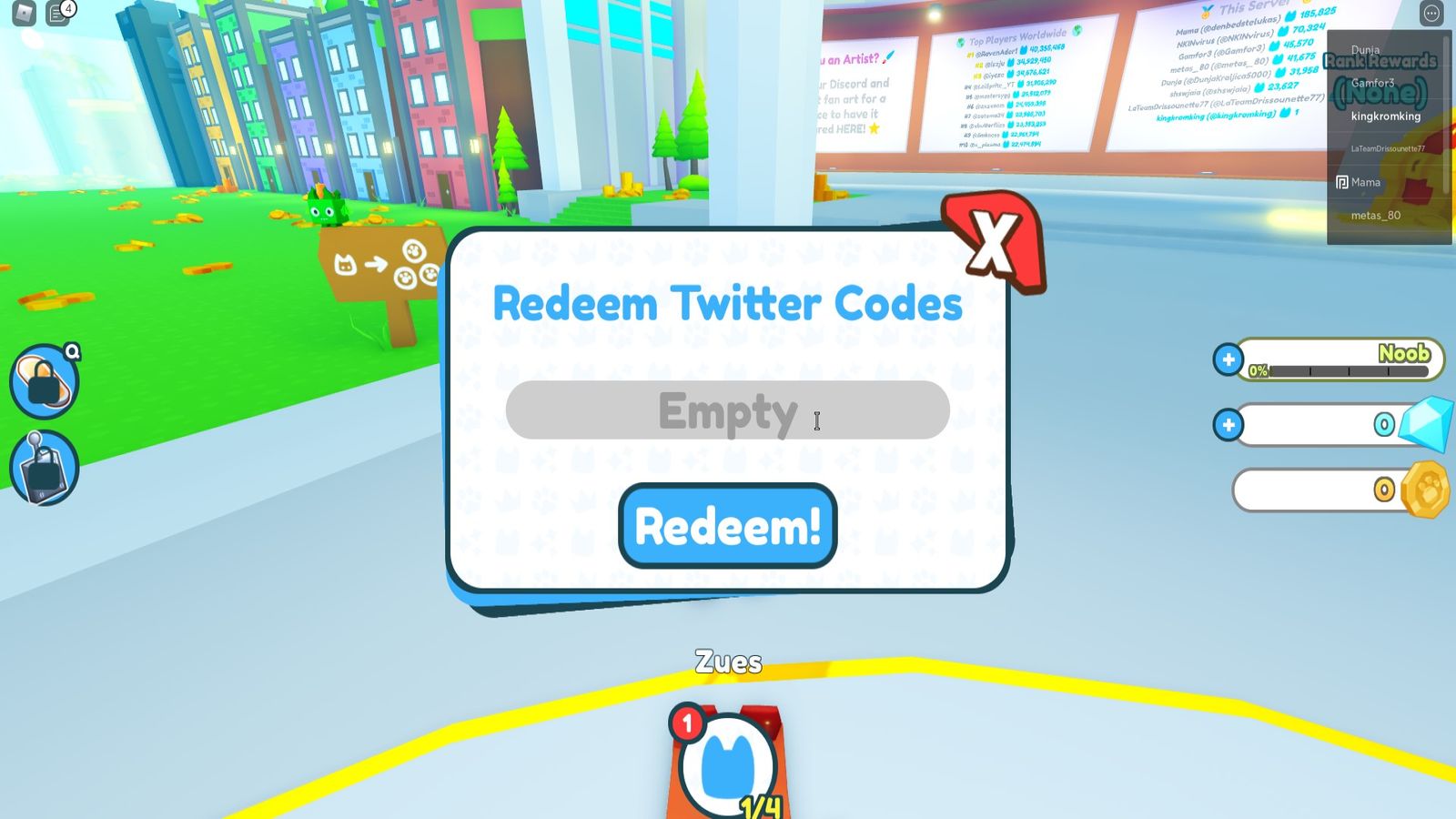 The Pet Simulator X code redemption screen in-game