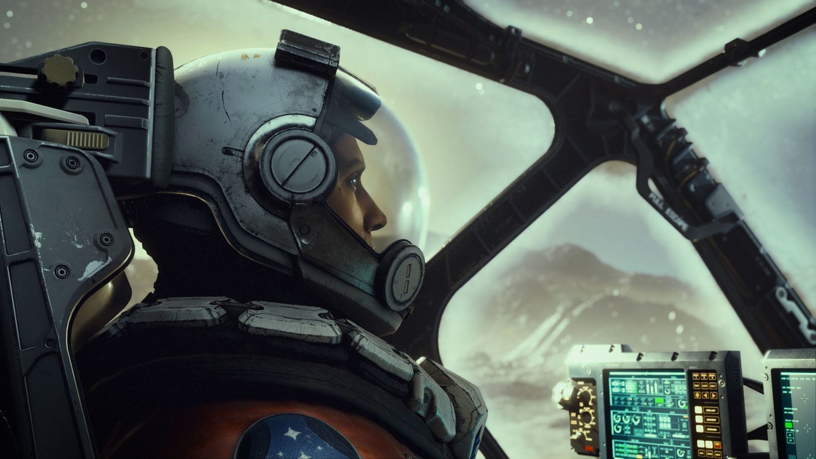 Starfield player wearing space suit while sat in cockpit of spaceship