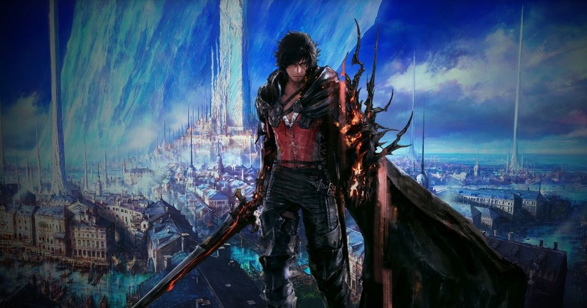 Screenshot of Final Fantasy 16 Clive wearing red and black outfit in front of city with blue and white background