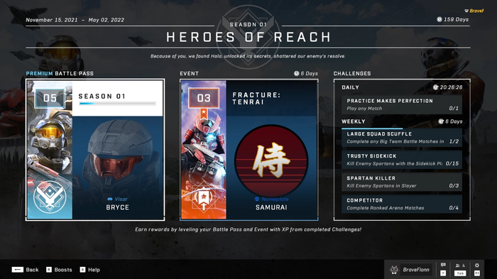 The Halo Infinite Fracture Tenrai challenge screen, showing the event-exclusive battle pass and weekly challenges