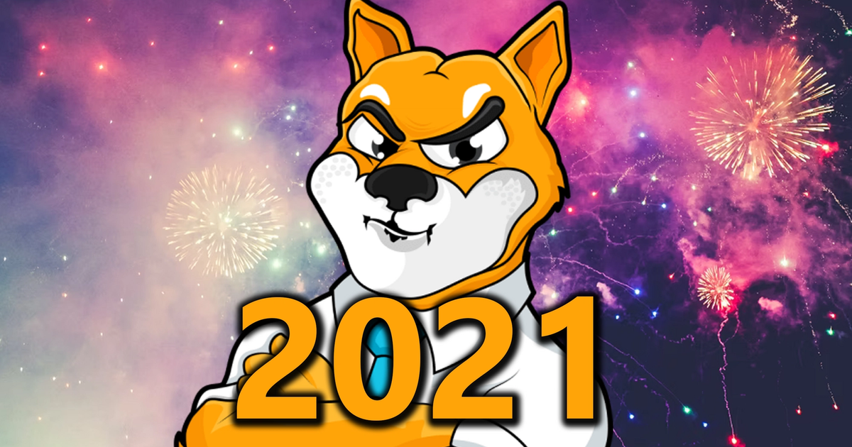 Shiba Inu mascot in front of fireworks, with 2021 text.
