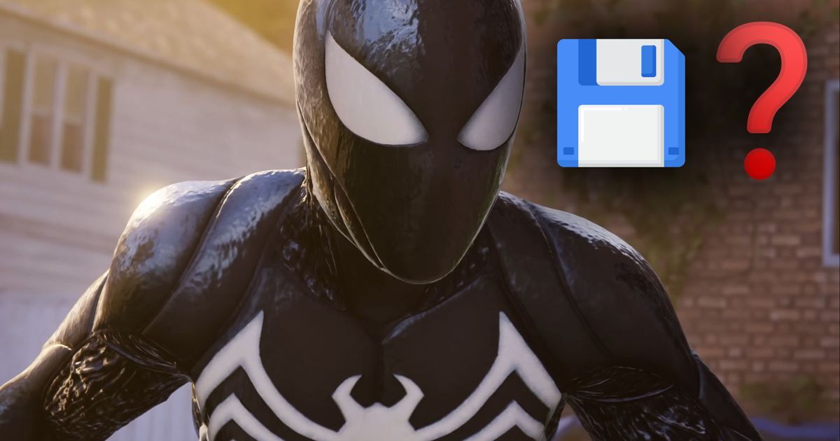 Spider-Man in the Venom suit alongside a saving icon and question mark, as if to question if the game is saved.