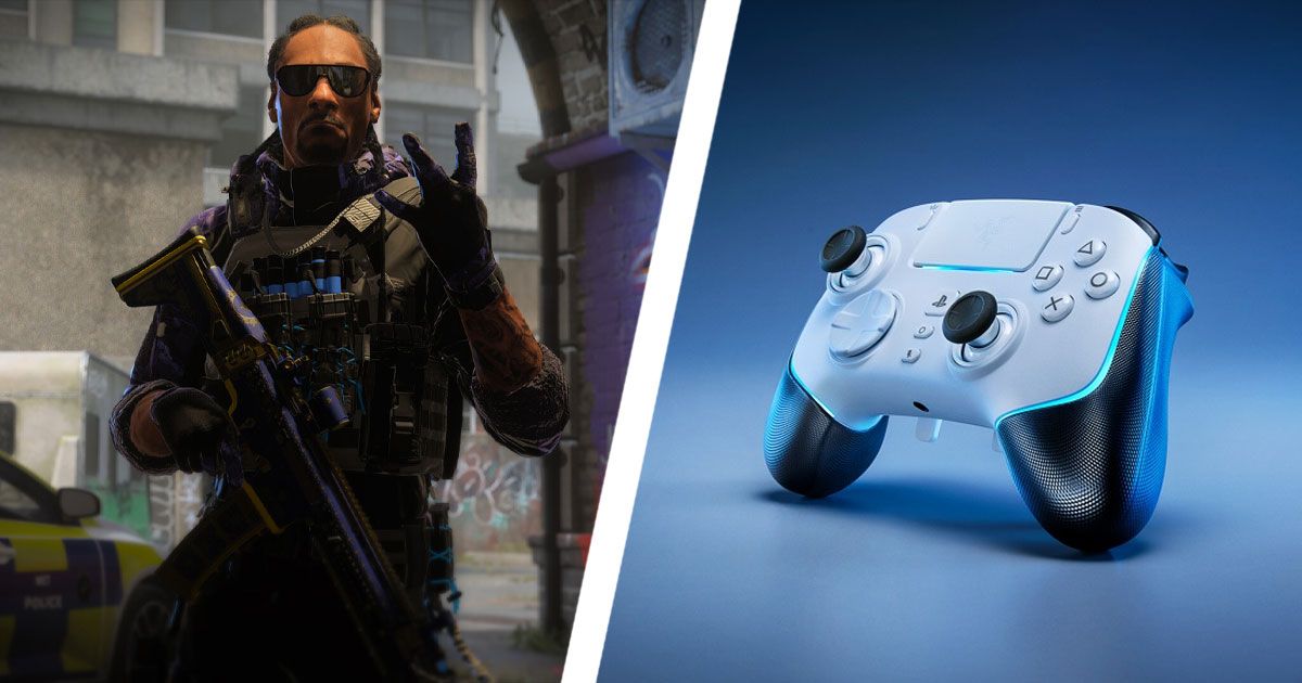 Snoop Dog's character holding a gun in Modern Warfare 3 on one side of a diagonal white line. On the other, a white and black controller featuring light blue lighting around the trim.