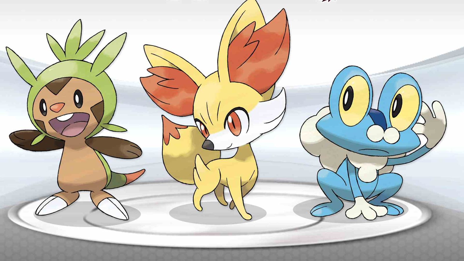 Image of the Pokémon Chespin, Fennekin, and Froakie stood together.