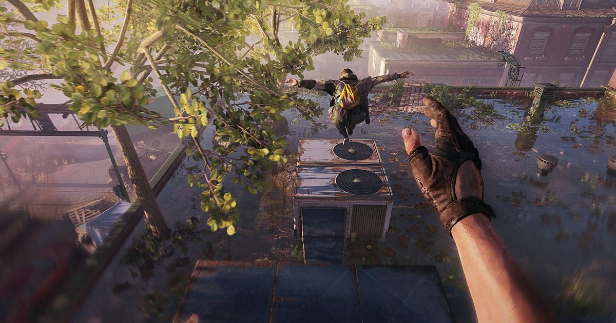 Dying Light 2. Parkour Official Screenshot. Player following NPC, jumping out of a window onto a lower rooftop