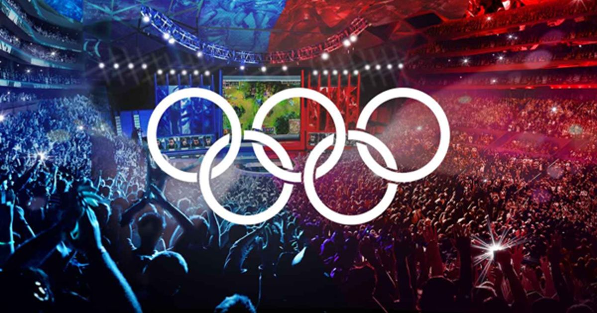 The Olympic logo against a background of an esports arena.