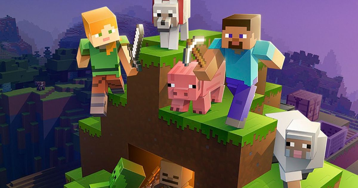 A collection of Minecraft characters and animals on top of a block mountain.