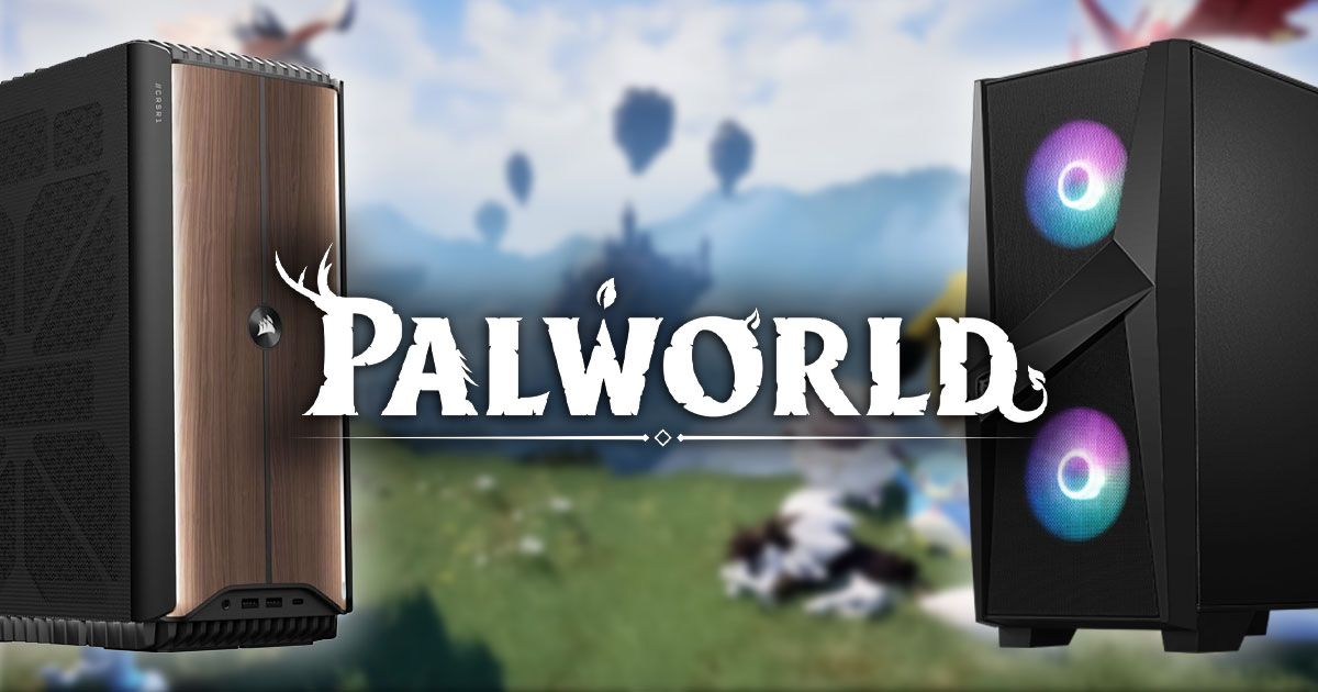 The Palworld logo in white with a blurry image from the game in the background and a black and brown PC from Corsair on one side, and a black PC from MSI on the other.