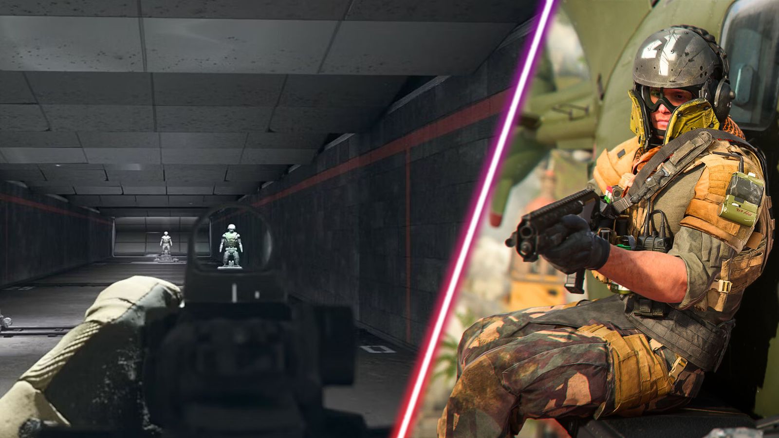 Screenshot of Modern Warfare 2 player aiming down sights of a gun in firing range and Modern Warfare 2 player sitting on a helicopter pointing a gun downwards