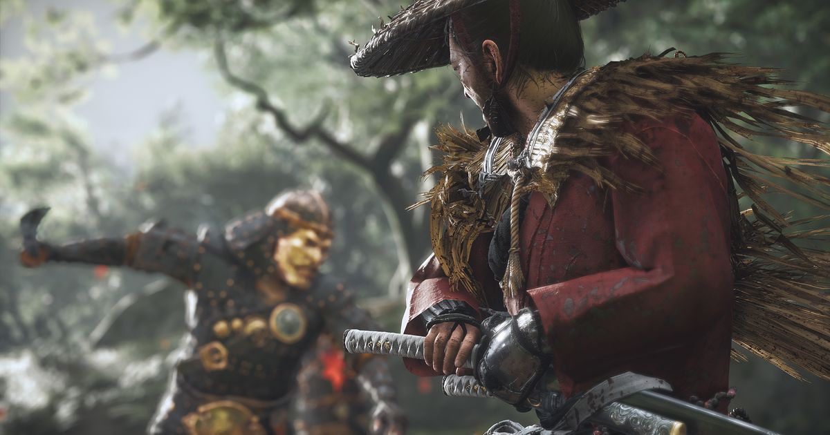 ghost of tsushima red samurai holding sword with yellow enemy approaching