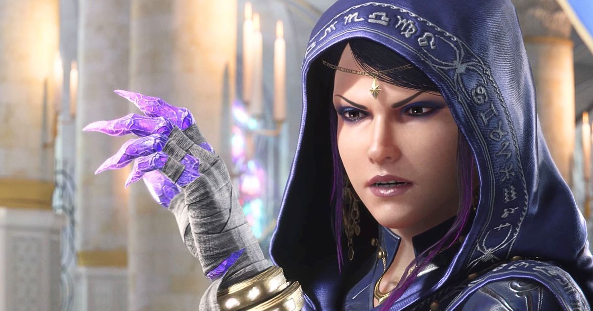 A close-up of Tekken 8's Zafina bearing her purple clawed hand