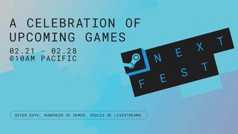 The Steam Next Fest logo. The heading says 'a celebration of upcoming games', and the dates are 02/21 to 02/28 at 10am Pacific. 