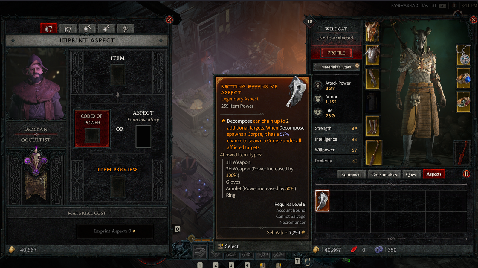 Diablo 4 occultist menu Aspect imprinting and Codex of Power