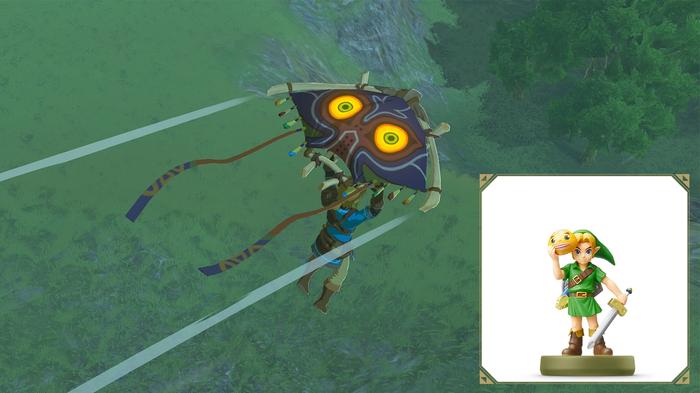 Majora's Mask Paraglider with a Link Amiibo in Zelda Tears of the Kingdom.