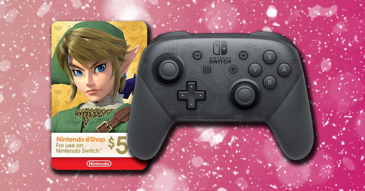 A black Nintendo Switch Pro Controller next to a Zelda-branded Nintendo eShop gift card. Both are in front of snowy red background.