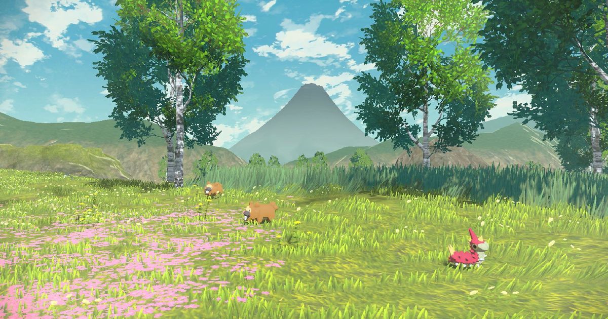 Wurmple and Bidoof beside some trees in Obsidian Fieldlands in Pokemon Legends: Arceus.