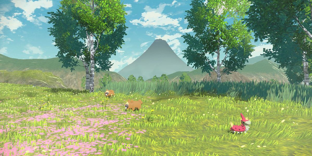 An area with Bidoof and Wurmple Pokemon in Obsidian Fieldlands of Pokemon Legends: Arceus.