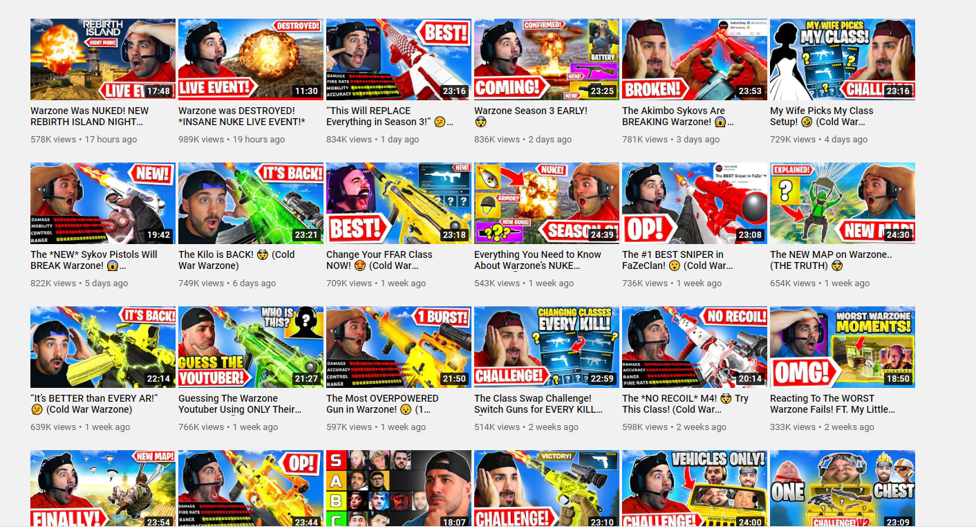 24 Nickmercs Video thumbnails are lined up in four rows. NickMercs is surprised in all but three of them.