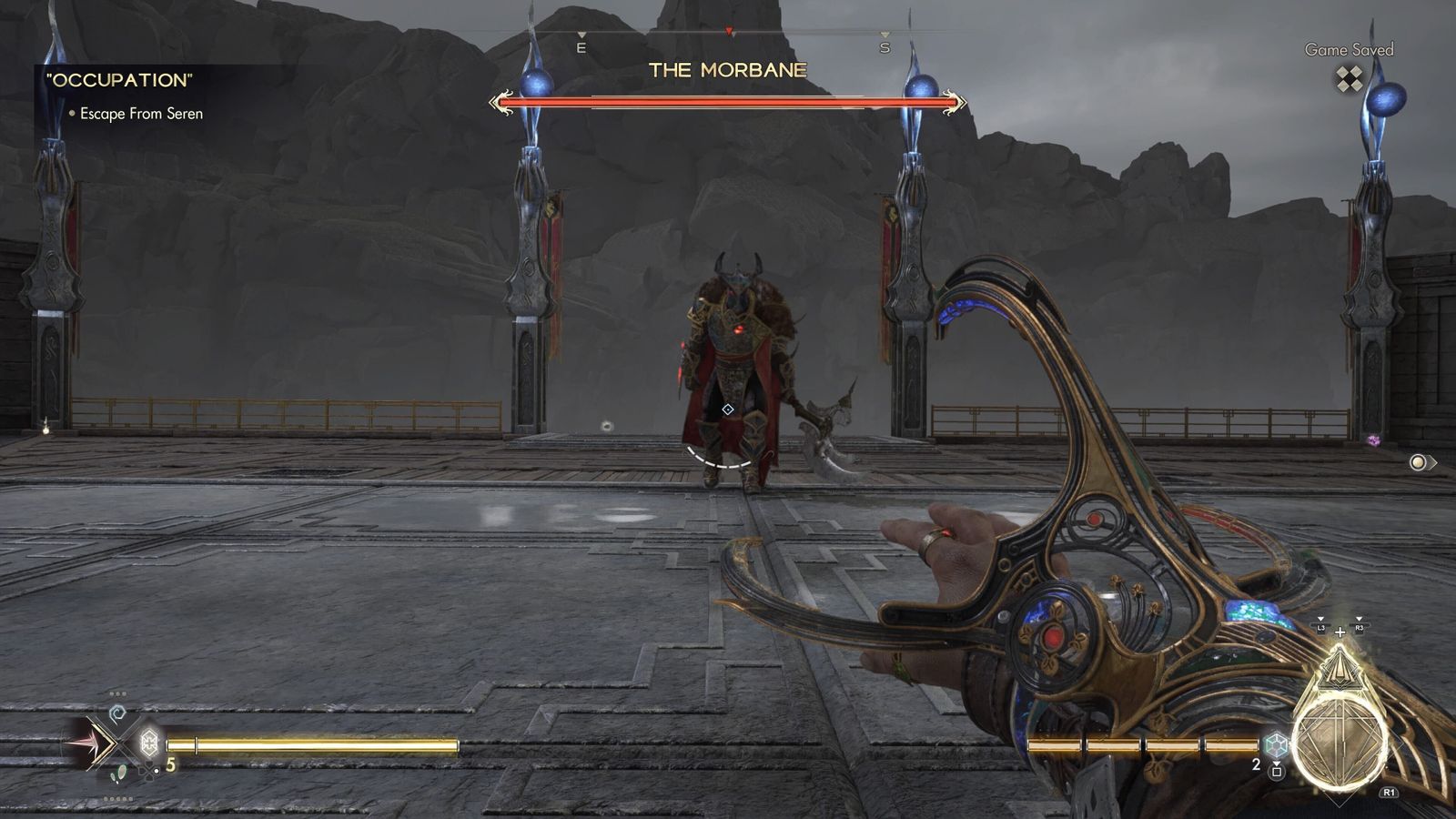 A screenshot of Immortals of Aveum where Jak battles The Morbane