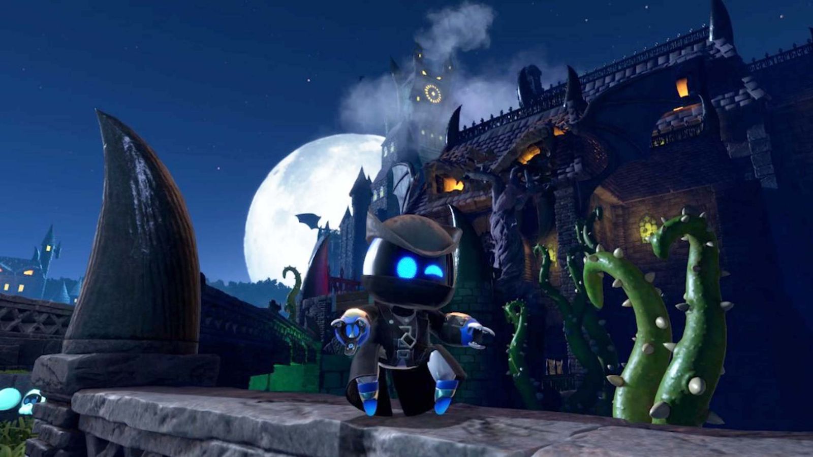 Bloodborne's Hunter is standing in front of a castle in Astro Bot