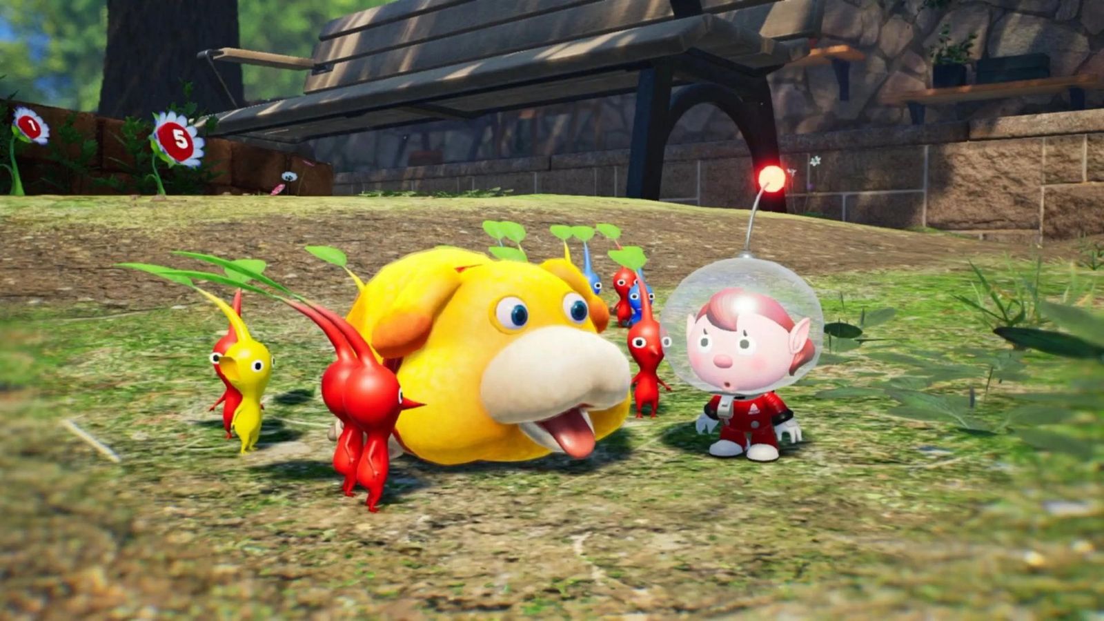 The player character and Pikmin stood around Oatchi in Pikmin 4.