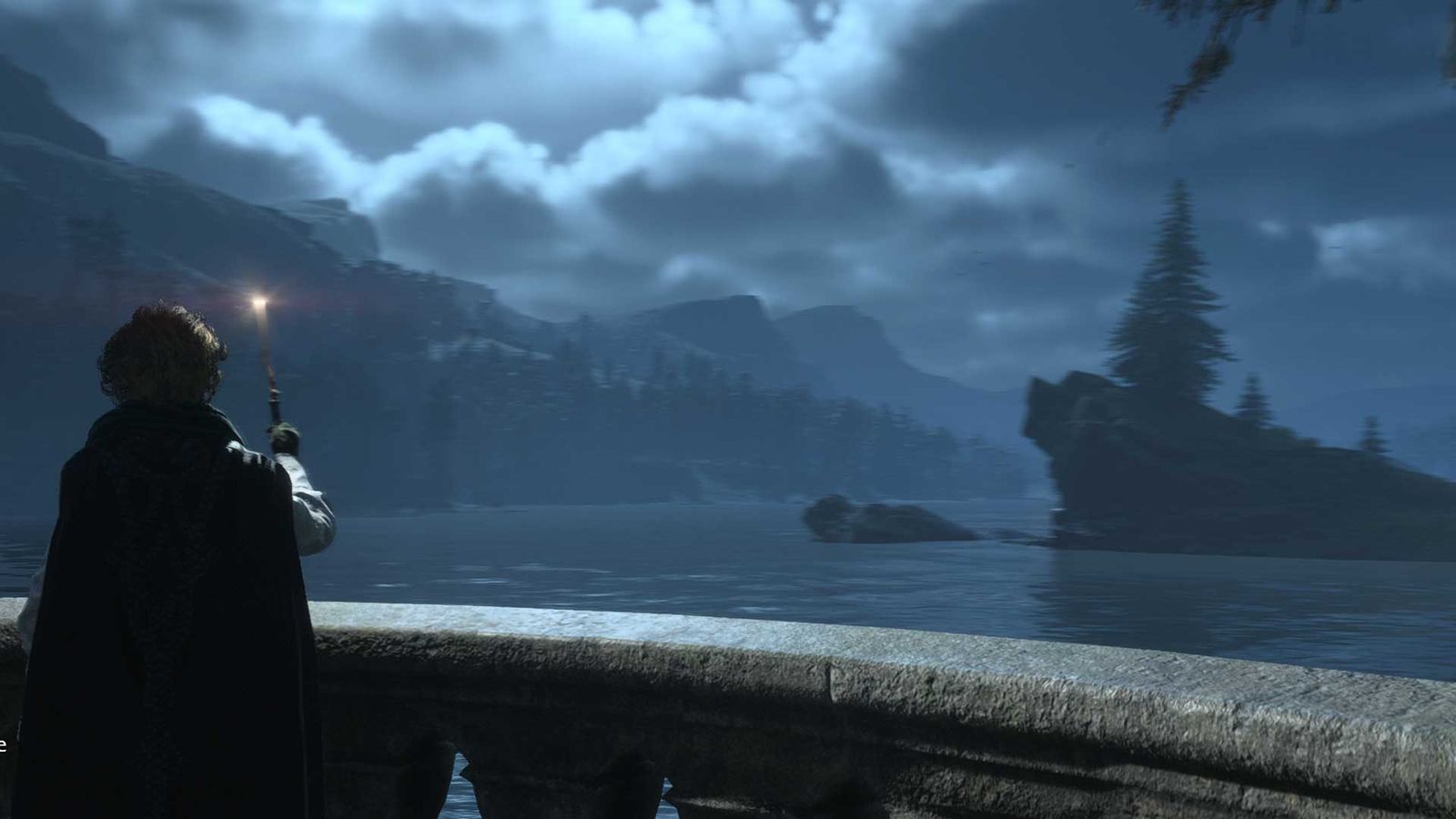 The player character casting a spell against the backdrop of the castle in Hogwarts Legacy.