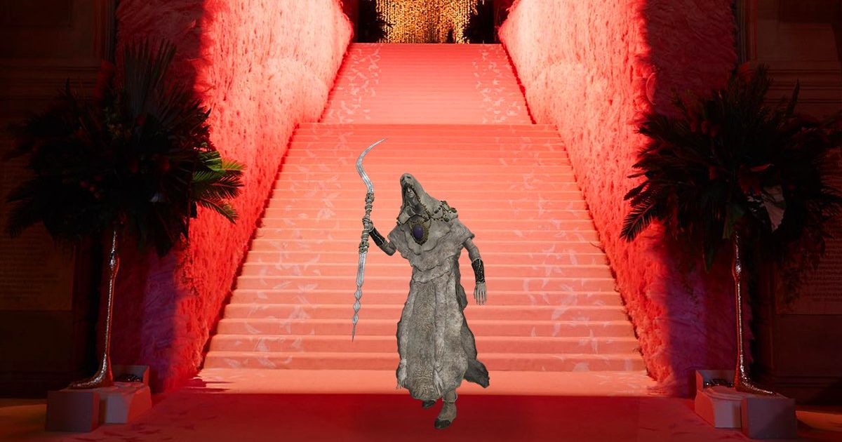 An Elden Ring character walking the red carpet as though they're at the Met Gala.