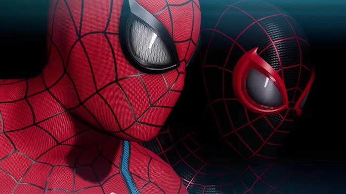A promotional image screeshot of Peter Parker and Miles Morales from the Marvel's Spider-Man 2 trailer. 