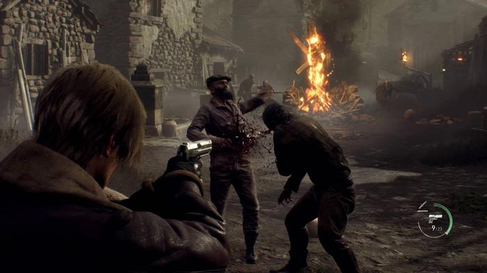 Leon shooting at infected villagers in Resident Evil 4 remake.
