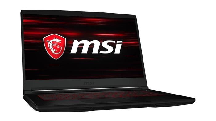 Best Resident Evil 4 gaming laptop - MSI GF63 product image of a black gaming laptop featuring red backlit keys and red and white MSI branding on the display.