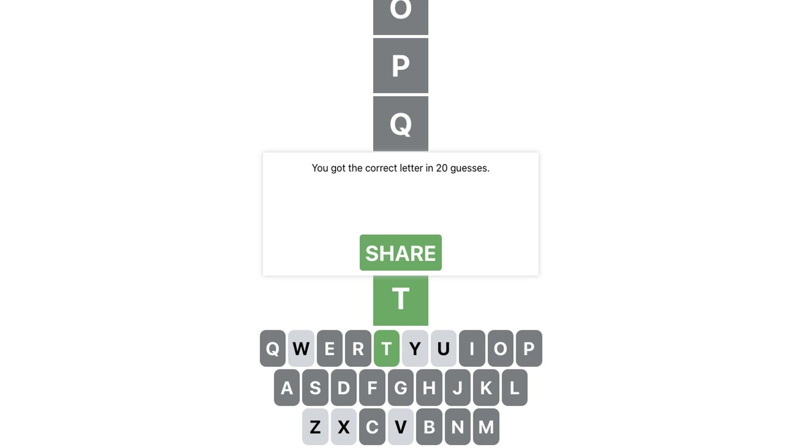 Image of a successful guess after 20 attempts in Letterle