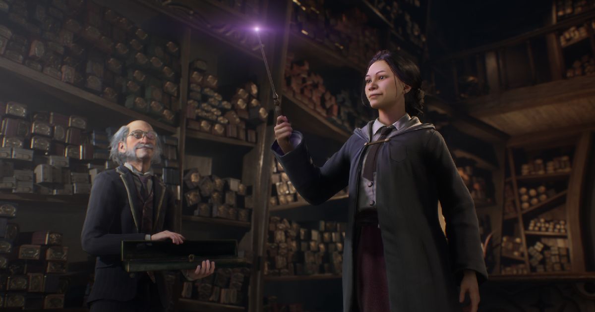 A Hogwarts student in black robes shining a purple light from the end of their wand in Olivanders.