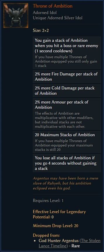 picture of the throne of ambition stat sheet for last epoch