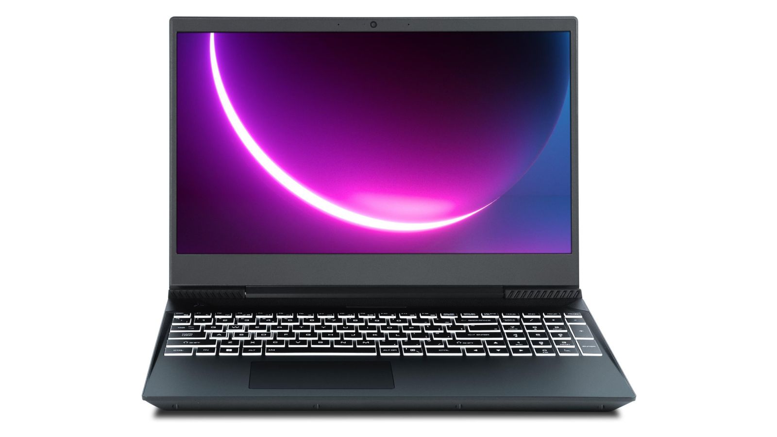 Best Final Fantasy XVI gaming laptop - Chillblast Apollo product image of a dark grey laptop featuring white backlit keys and a pink circular light on the display.