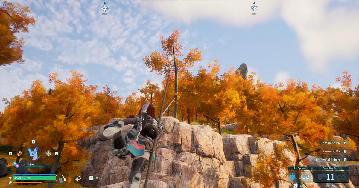 palworld character using grappling gun to swing up to a high tree